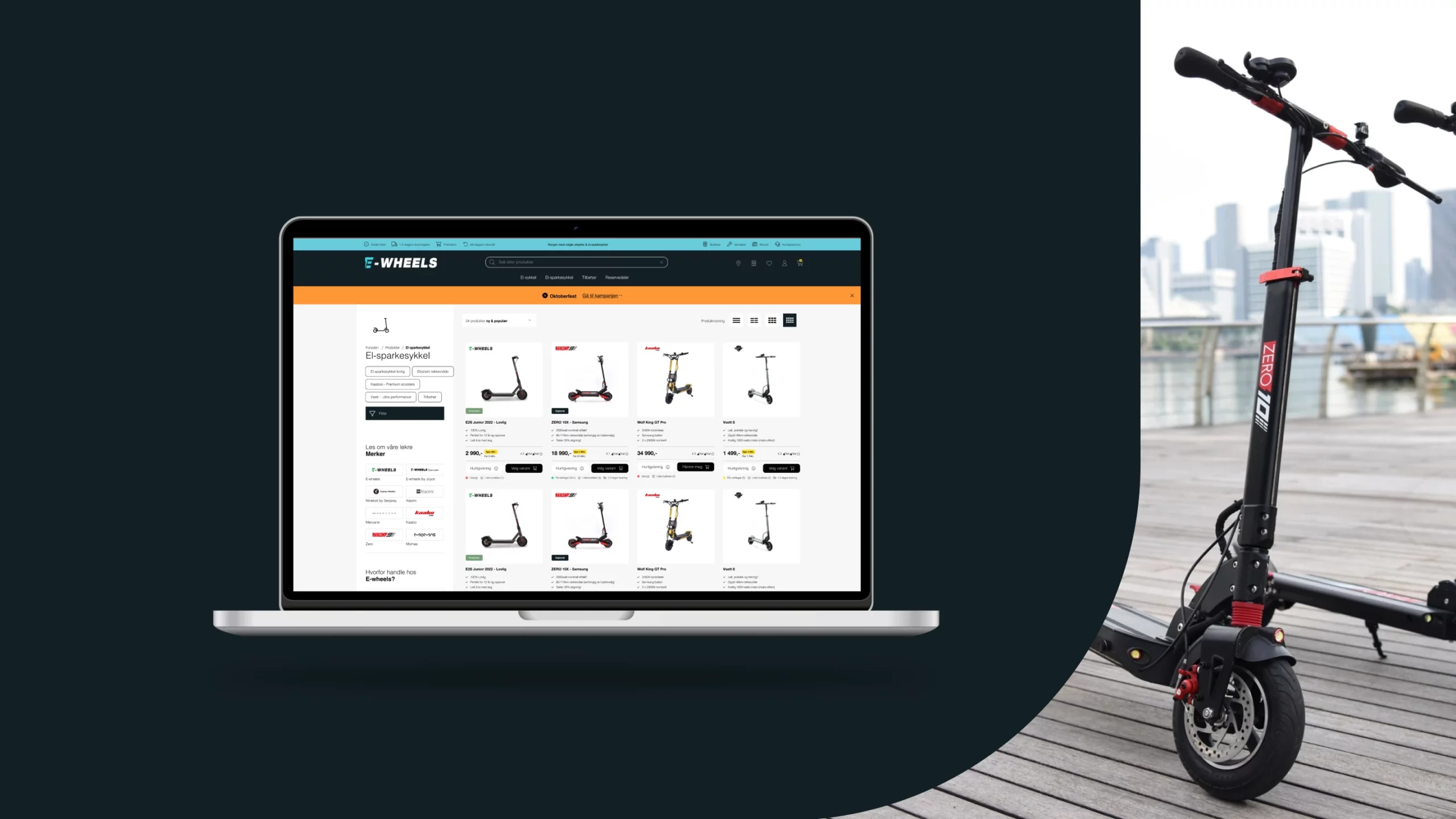 elektrisk sparkesykkel står parkert ved siden av en grønn bakgrunn med en laptop som viser produkter fra E-Wheels sin nettside