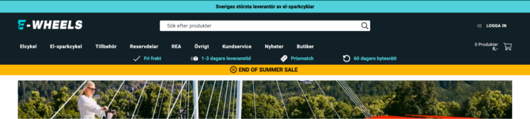 E-Wheels nettside med kampanjebanner på topp