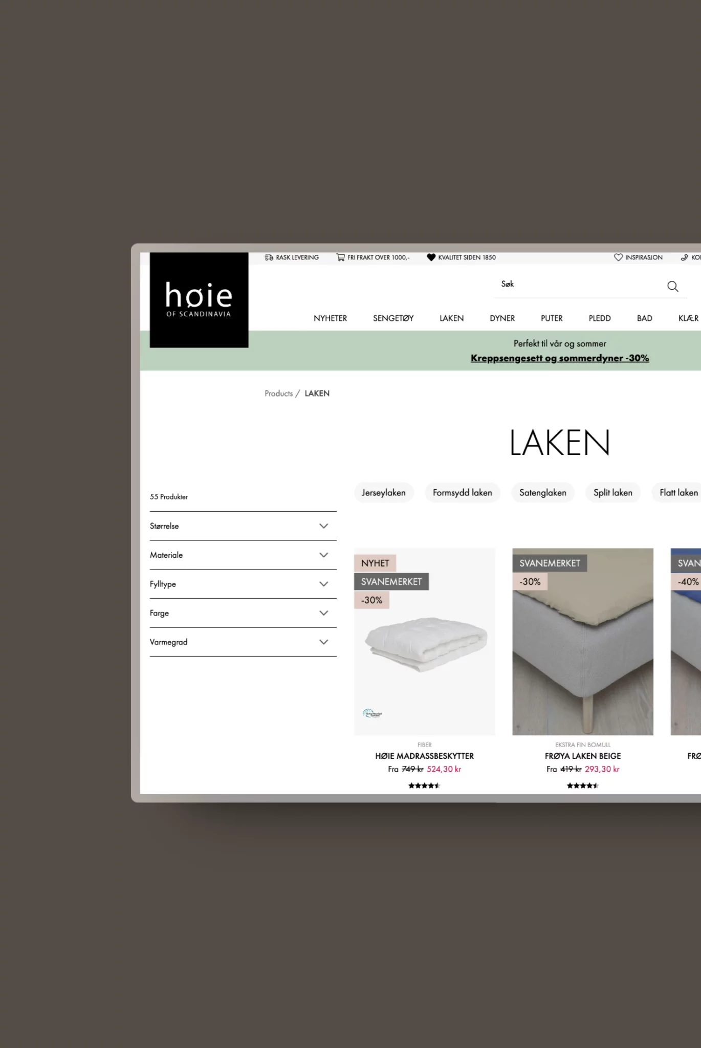 Mockup som viser nettbutikken til Høie. Hvor vi har lagt en grønn banner rett under header for å lede kunder til salget.